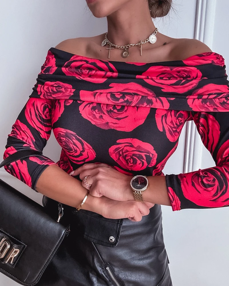 New Elegant Rose Printed One Shoulder Long Sleeve Shirt for Women's Clothing Temperament Commuting Womens Fashion Slim Blouses