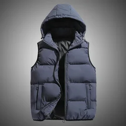 Men Sleeveless Down Vests Solid Hooded Vest Jackets Hot Fashion Male Winter Casual Pockets Waistcoat Windproof Jacket Plus Size