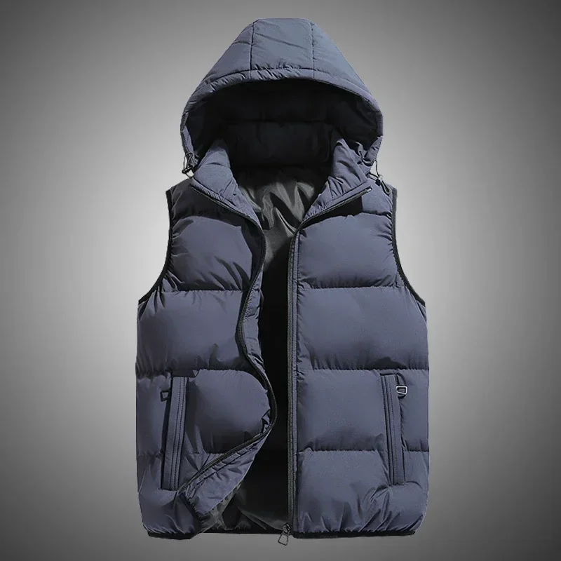 Men Sleeveless Down Vests Solid Hooded Vest Jackets Hot Fashion Male Winter Casual Pockets Waistcoat Windproof Jacket Plus Size