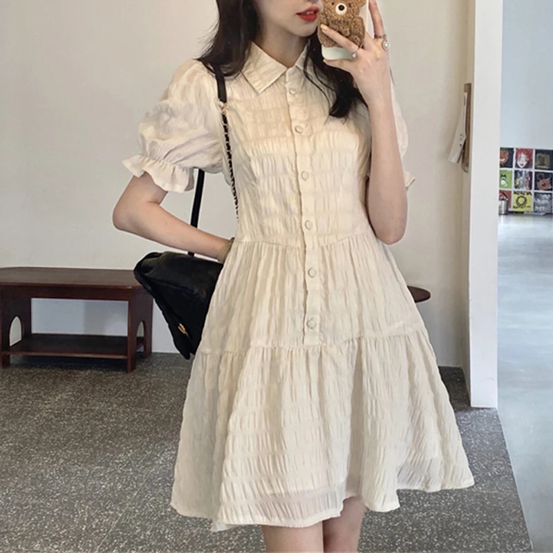 Women Vintage Fashion Elegant Ruffle Sweet Chic Button Shirt Dresses 2024 Summer Casual Short Sleeve Slim Solid Fairy Mini Dress