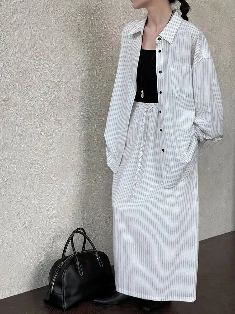 

White Striped Shirt Half-body Skirt Two Pieces Suit New Lapel Long Sleeve Women Fashion Tide Spring Autumn