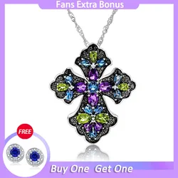 GZ ZONGFA 100% 925 Sterling Silver Cross Pendant Necklace For Women Natural Peridot Amethyst Colorful Gems Trendy Fine Jewelry