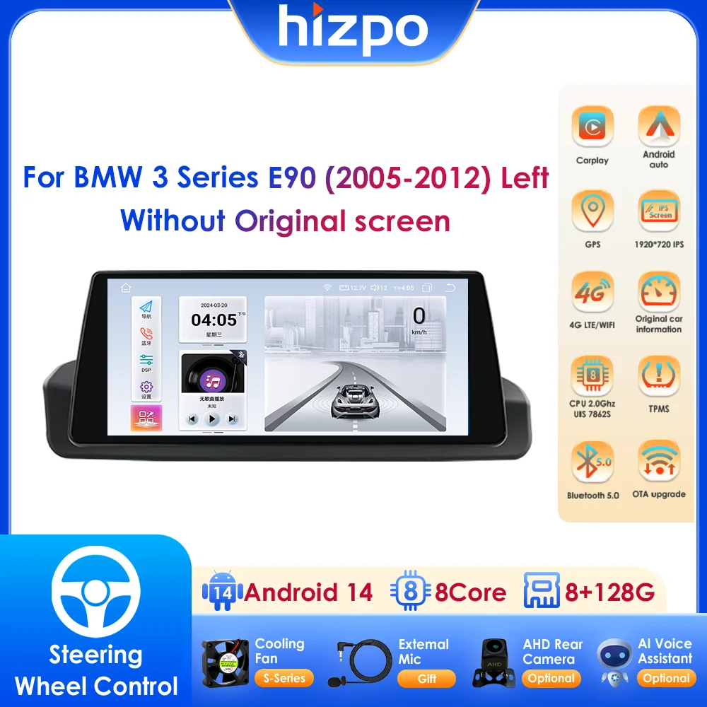 Autoradio sans fil pour BMW Série 3 E90 (10.25-2005), Carplay, Android Auto, 2012 ", sans écran d'origine, conduite à gauche uniquement
