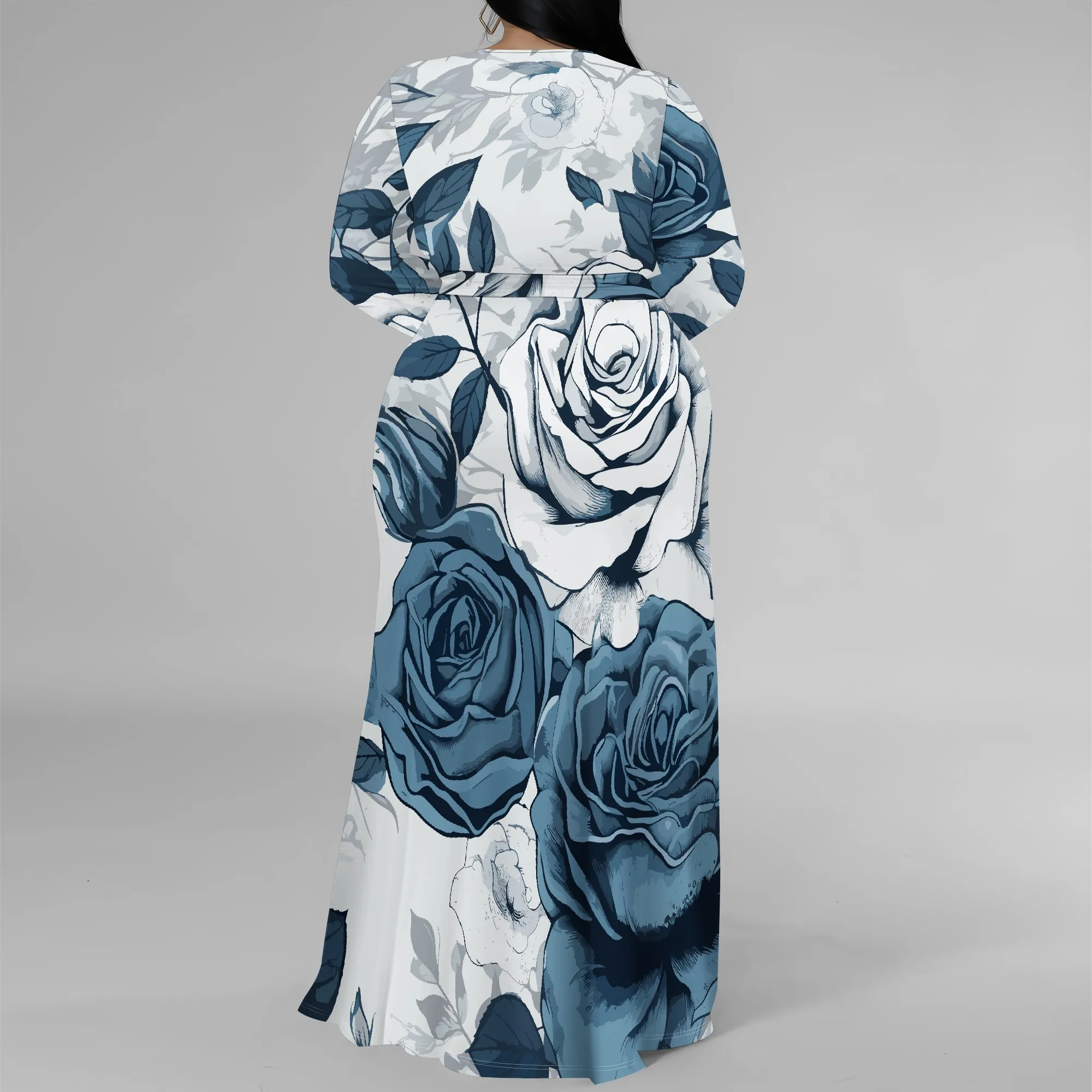 Vestido maxi plus size de manga comprida com estampa rosa azul para mulheres, vestido elegante com fenda lateral para ocasiões especiais