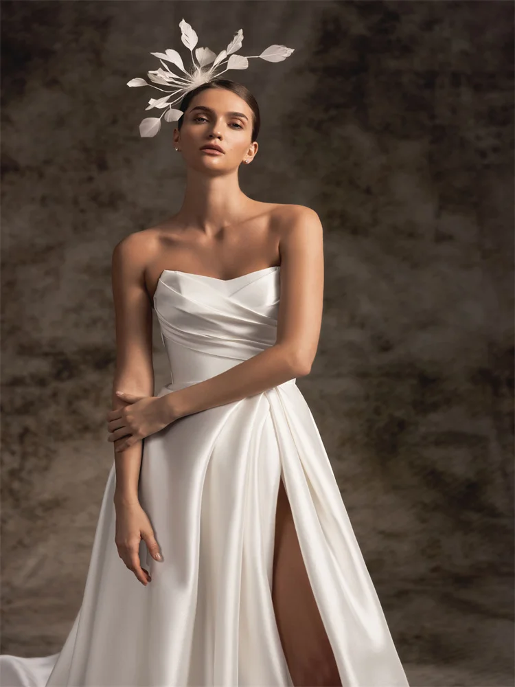 Customized Asymmetric Sweetheart Strapless Corset Satin A-Line Wedding Dress Zipper Back Cathedral-Length Train Gown For Bride