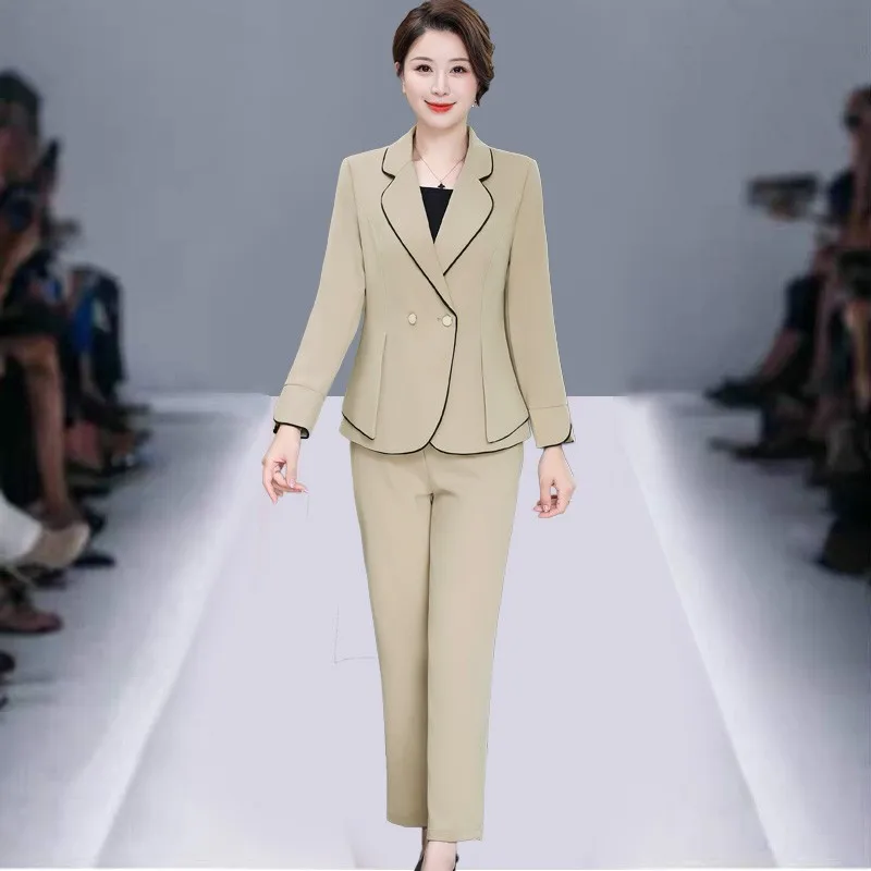 

Women's New Long-Sleeved Ladies Temperament Thin Goddess Fan Wide-Leg Pants Plaid Professional Suit Lady Blazer Jacket Sets