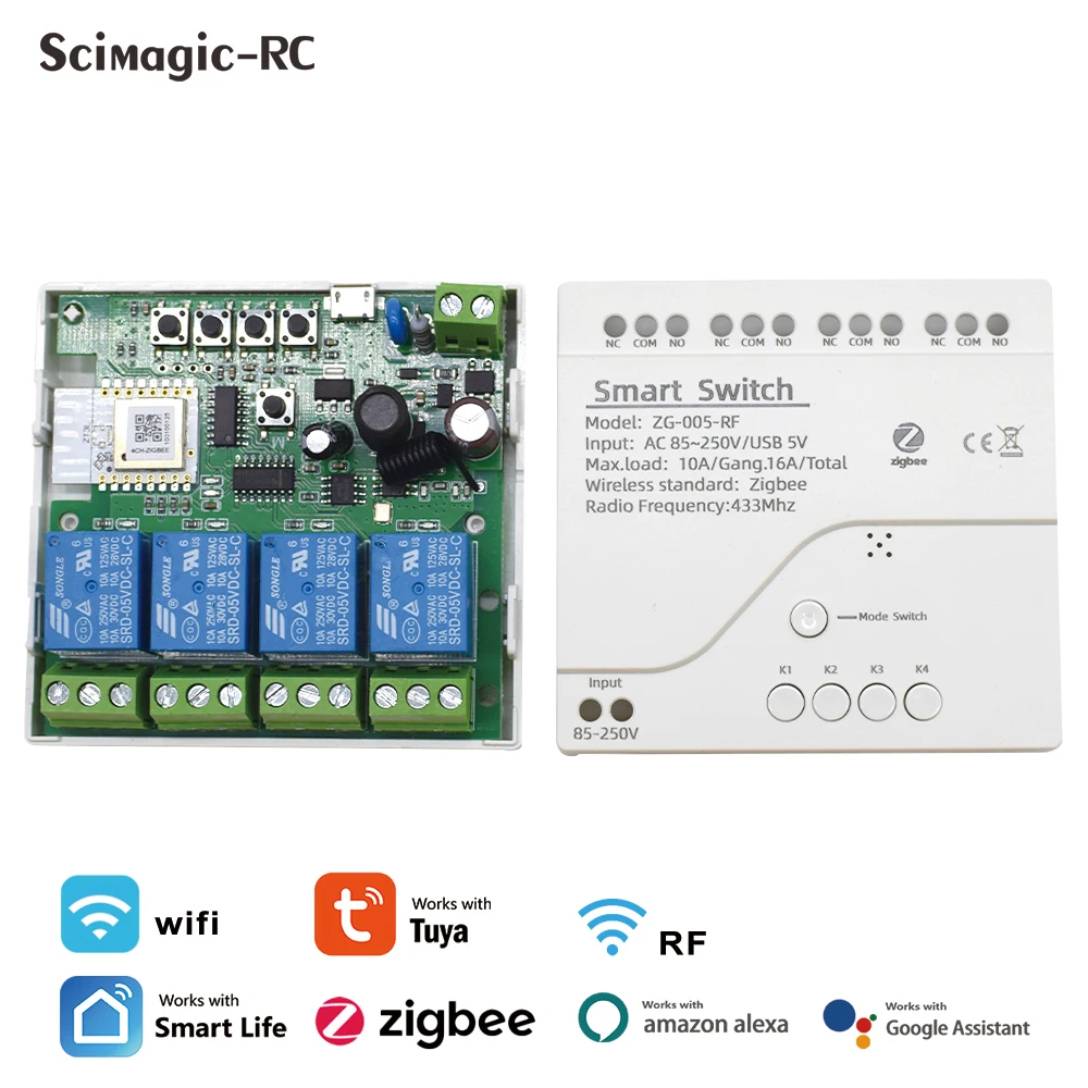 Zigbee 3.0 Tuya Smart Relay Switch Wireless WiFi Module 4 Channel Control RF 433.92MHz 5-250V Voltage 10A Alexa