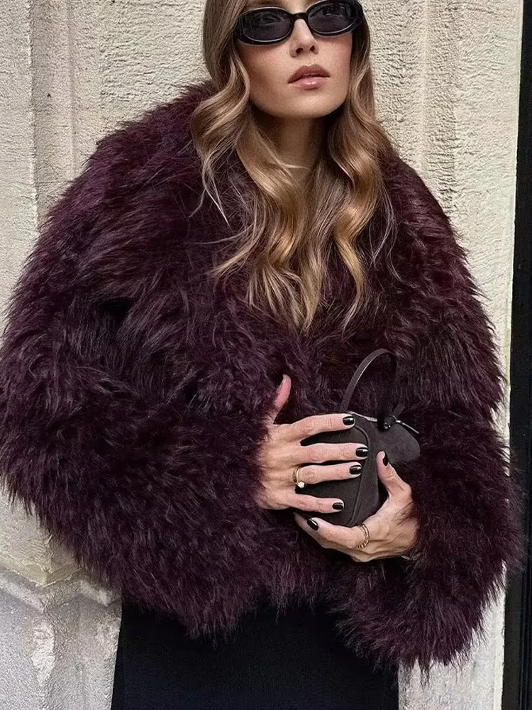 HH 2025 Damska Kurtka z Szerokim Kołnierzem i Efektem Sztucznego Futra, Zimowa, Elegancka, z Kieszeniami, Krótki Płaszcz