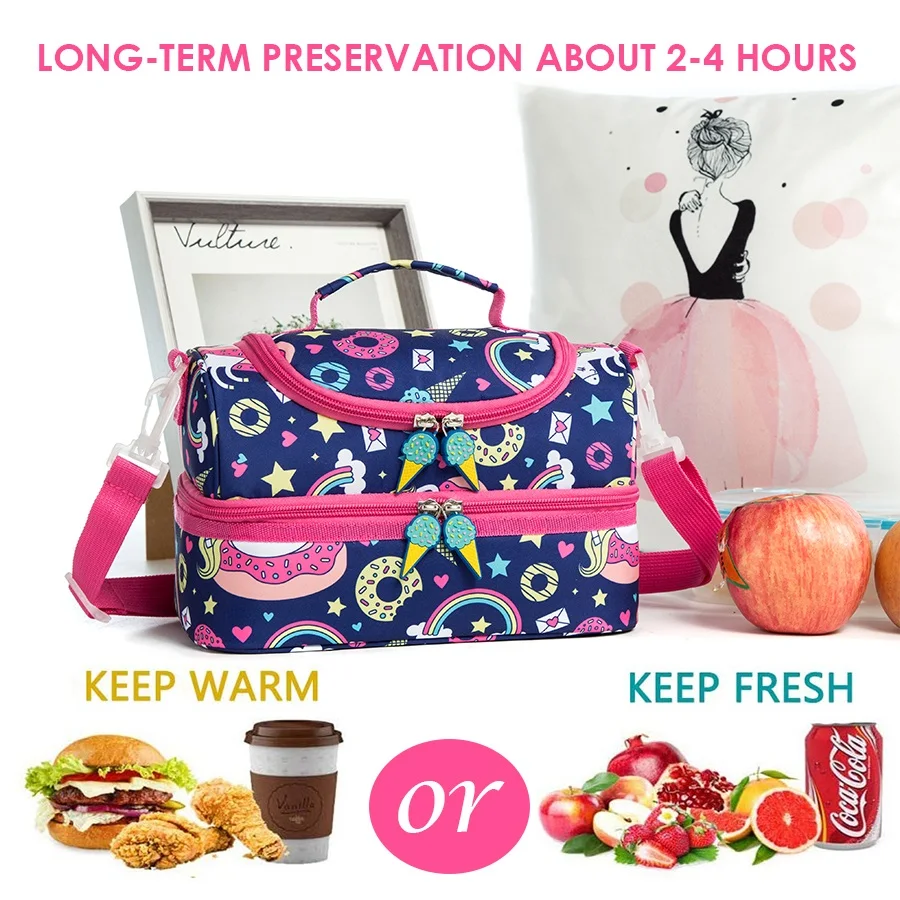 Insulated Lunch Bag Box Tote Pack for Women Kids Work School Picnic Food Cooler Hot Water Ice Cream Blue Unicorn