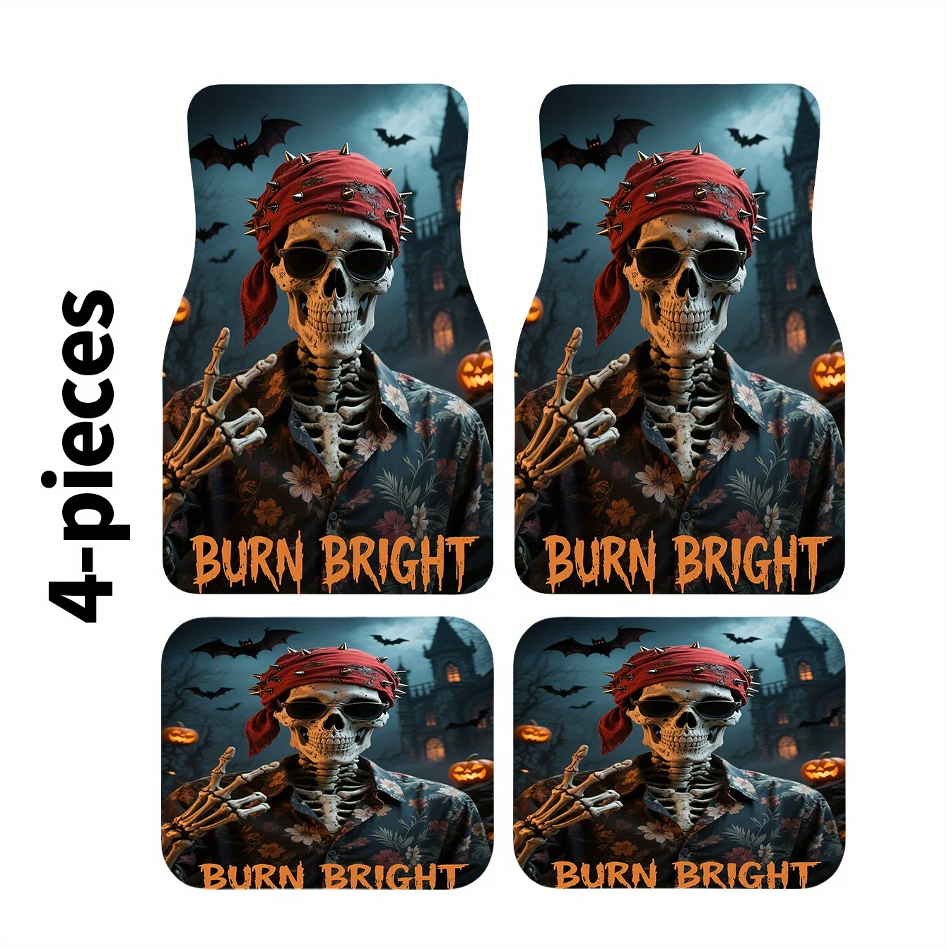 

4pcs Car Floor Mat Set | Skull Red Scarf Design, Polyester Material, Fashionable And Durable, Easy To Clean, Perfect Gift For Th