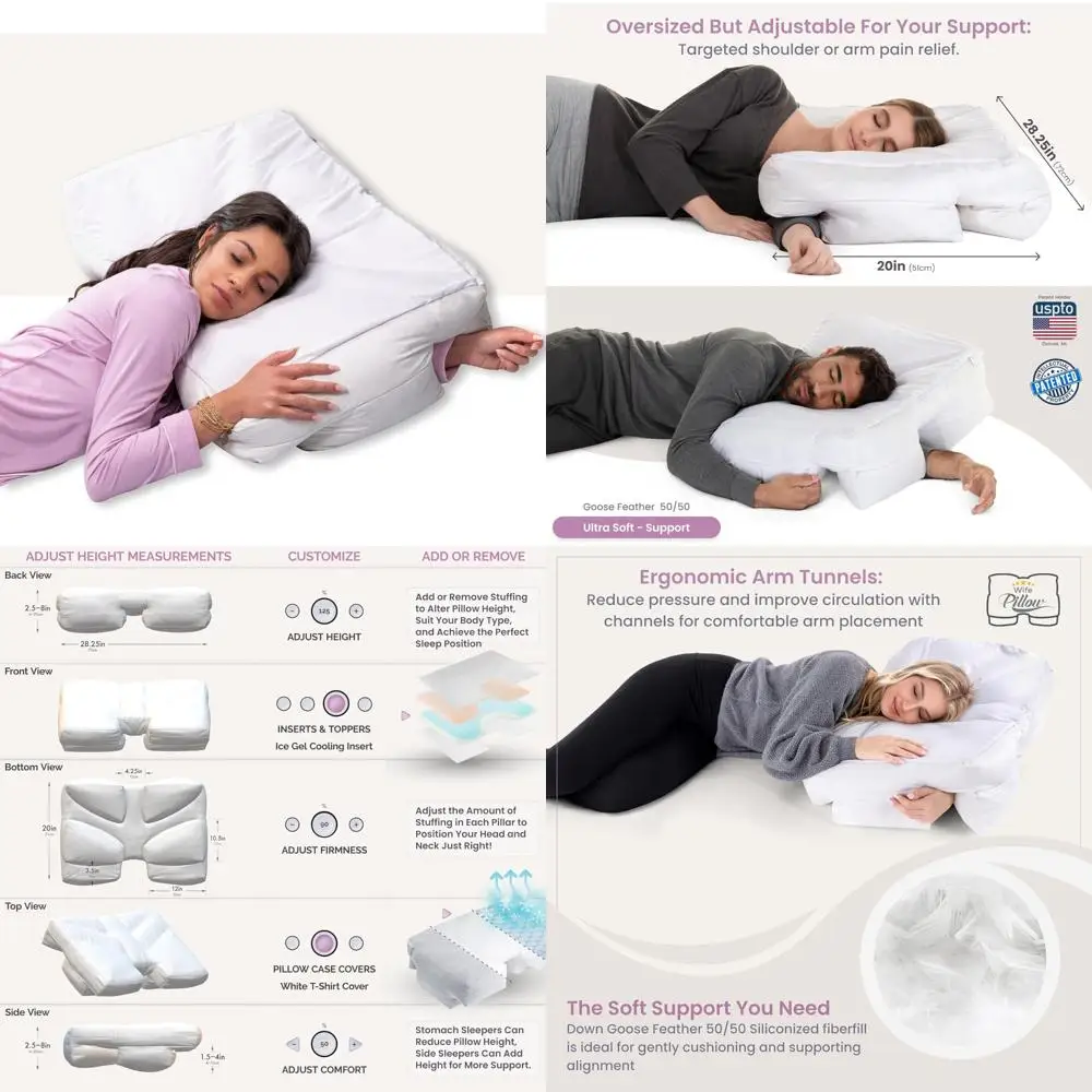 

Adjustable Side Sleeper Pillow with Arm Tunnels for Shoulder and Rotator Cuff Support, Providing Arm and Shoulder Relief