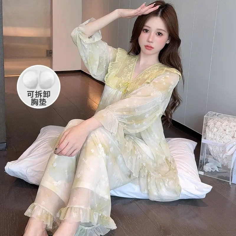 

Women Pajamas Set 2026 New Sexy V-Neck Long Sleeve Pullover Tops + Long Pants Two-piece Suit Fashion Printed Sleepwear Homewear
