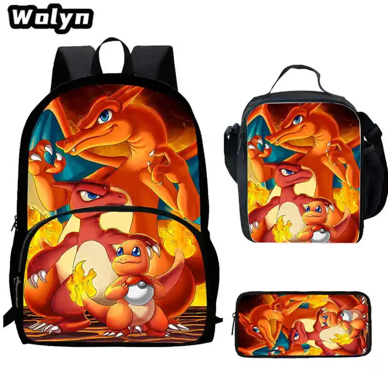 3Pcs Set Cartoon P-POKE-M-MON School Backpack,Lunch Bags,Pencil Bags Cartoon School Bags for Boy Girl Suitable for 4-8 Years Old