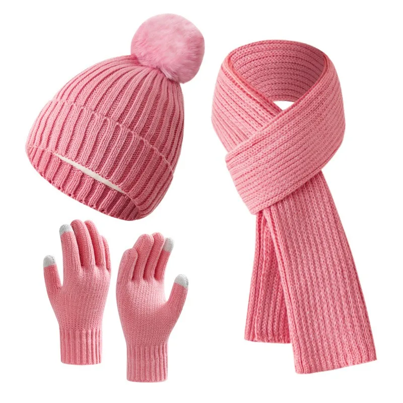 3 Stuks Winter Gebreide Muts Gebreide Sjaal Touchscreen Handschoenen Set Voor Vrouwen Warm, Winter Bont Pompom Verdikte Pluche Cap Set