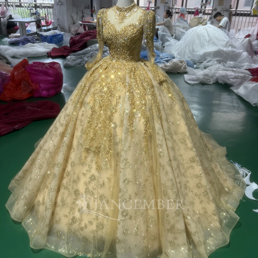 

Glittering Quinceanera Dresses Customized Long Sleeves Crystal Beading Lace High Collar Vestidos De 15 Anos Floor Length