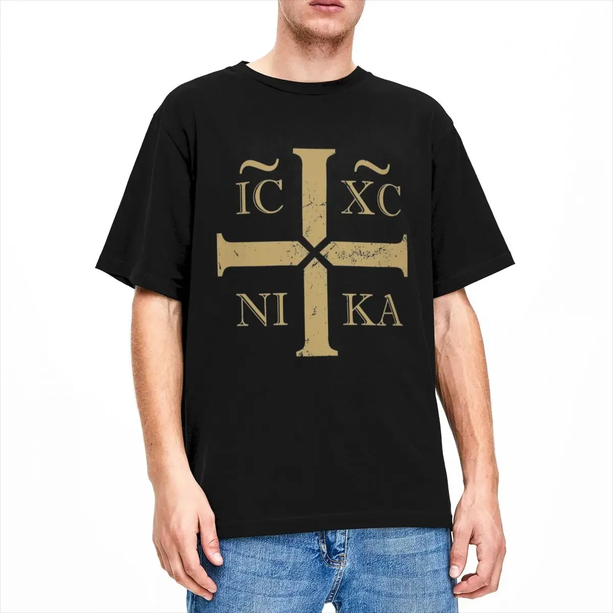 XC NIKA Orthodox Cross Christogram T Shirt for Men Pure Cotton T-Shirts Crew Neck Jesus Christ Tees Short Sleeve Clothes