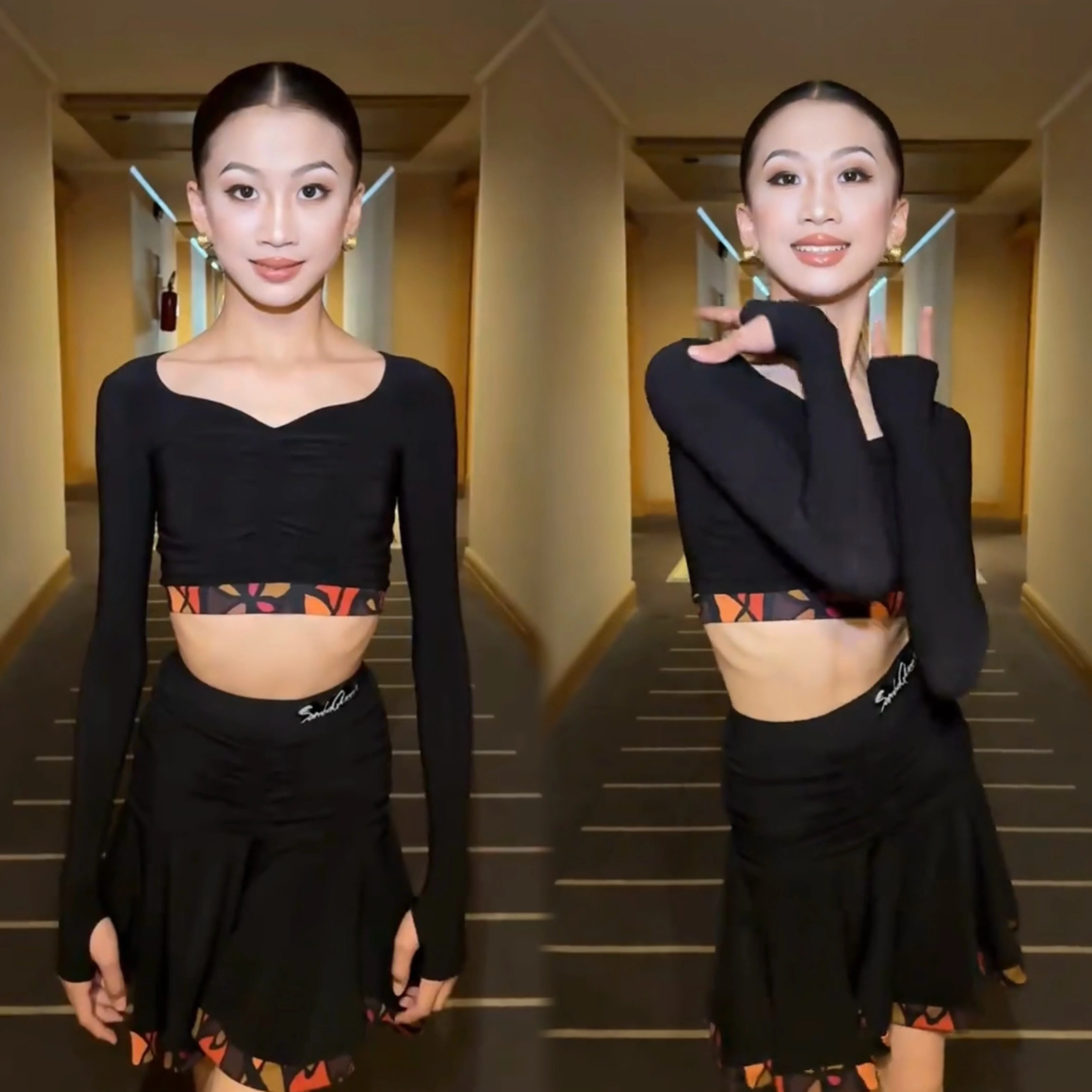 Bambini Abiti da ballo latino Ragazze Maniche lunghe Abito diviso Top neri Gonna Pratica Abbigliamento da allenamento Cha Cha Rumba Costume DNV24718