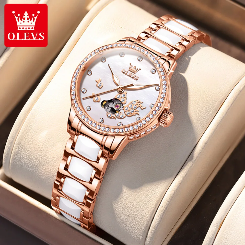 OLEVS New Ceramics Strap Mechanical Watch for Women Koi Carp-Shaped Skeleton Rose Gold Diamond DIal Elegant Ladies Wristwatches