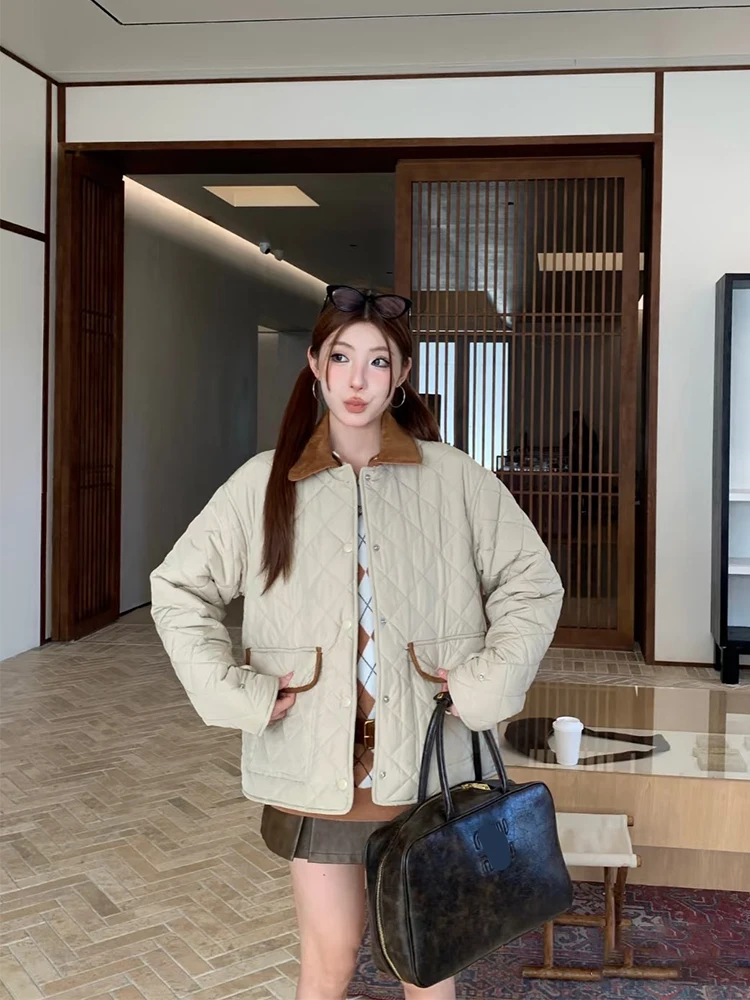 

Women's Loose Fit Cotton Jaet with Diamond Pattern Lettering Autumn Winter New Sle Casual Sle Velvet Fabric Warm Top