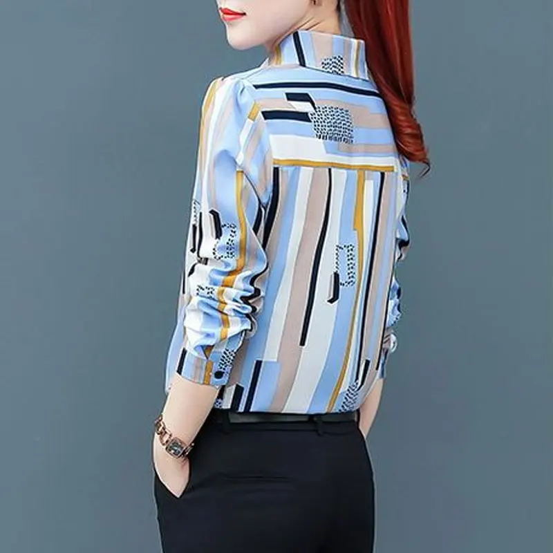 Formal Blouse Office Lady Spring Autumn Long Sleeve Women\'s Clothing Polo-Neck Fashion Striped Printed Single-breasted Shirt New