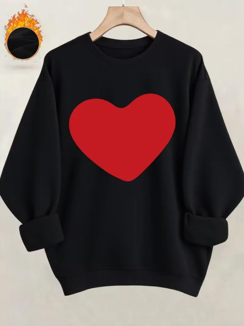 Fashion Graphic Love Heart Print Hoodies Womens Warm Fleece Y2k Sweatshirt O-Neck Pullover Casual Street Hoodies
