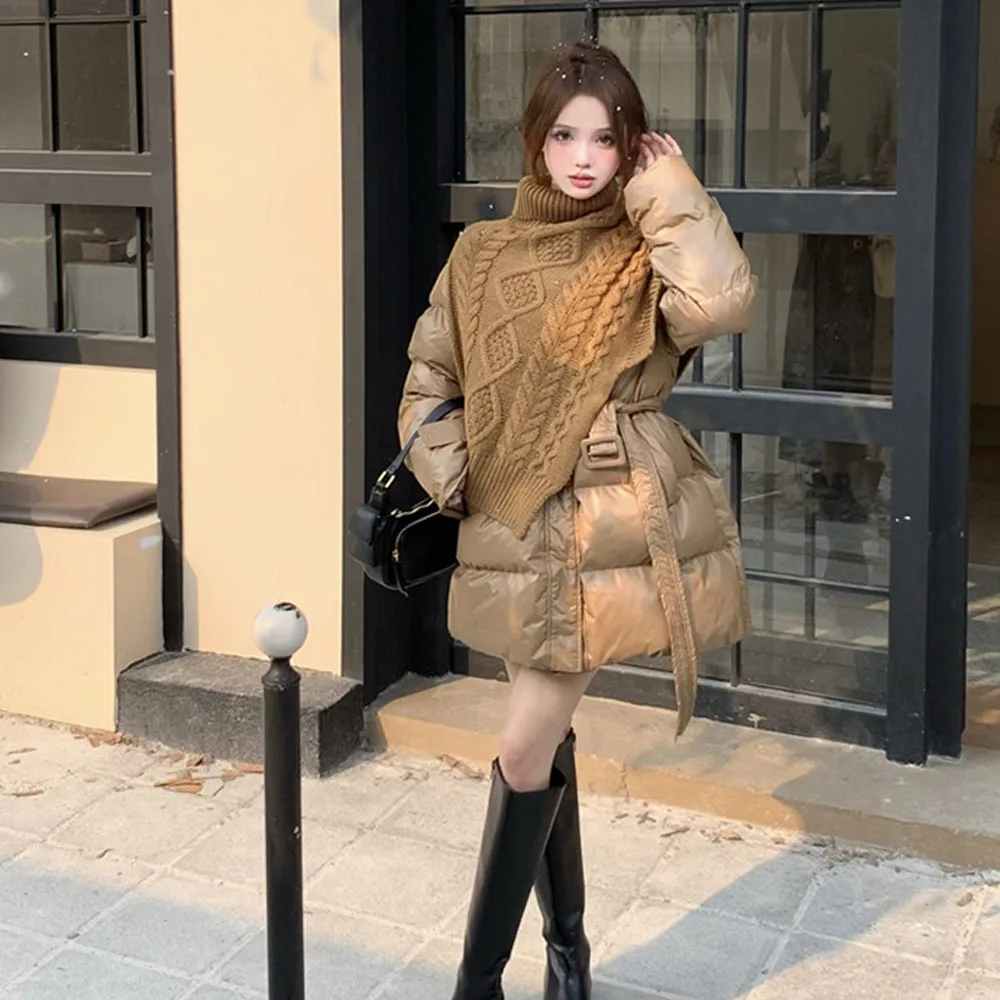 V-neck Puffer Jackets Women's New Korean Style Elegant Winter Cotton Coats Loose Bread Clothing Warm Mid Length Ladies Parkas