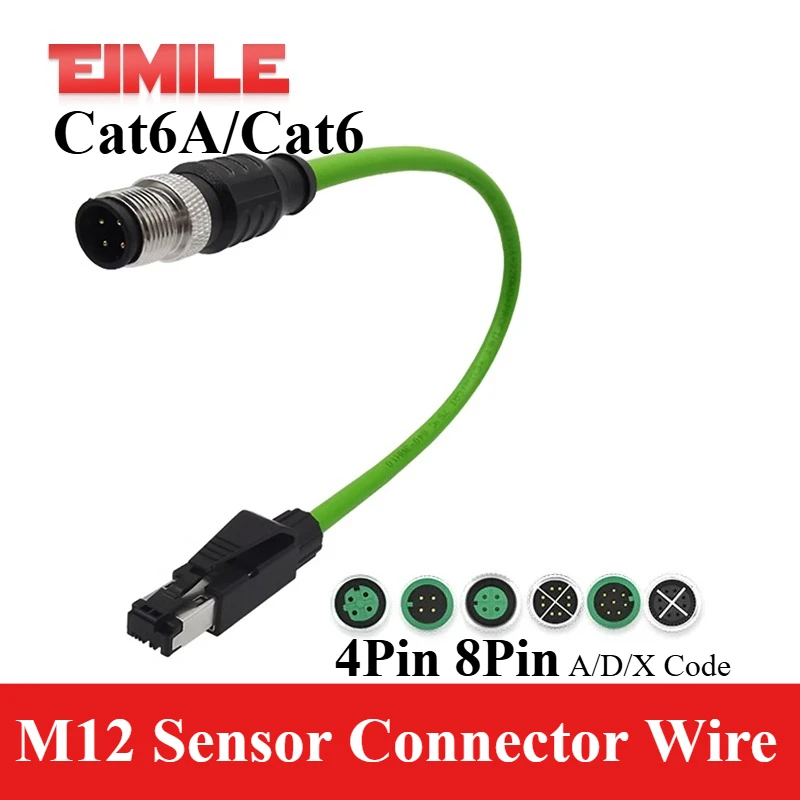 M12 Sensor Connector Wire CAT6 4Pin 8Pin A/D/X Code to RJ45 Adapter Ethernet Cable Industrial Camera Shielded Twisted Pair Line