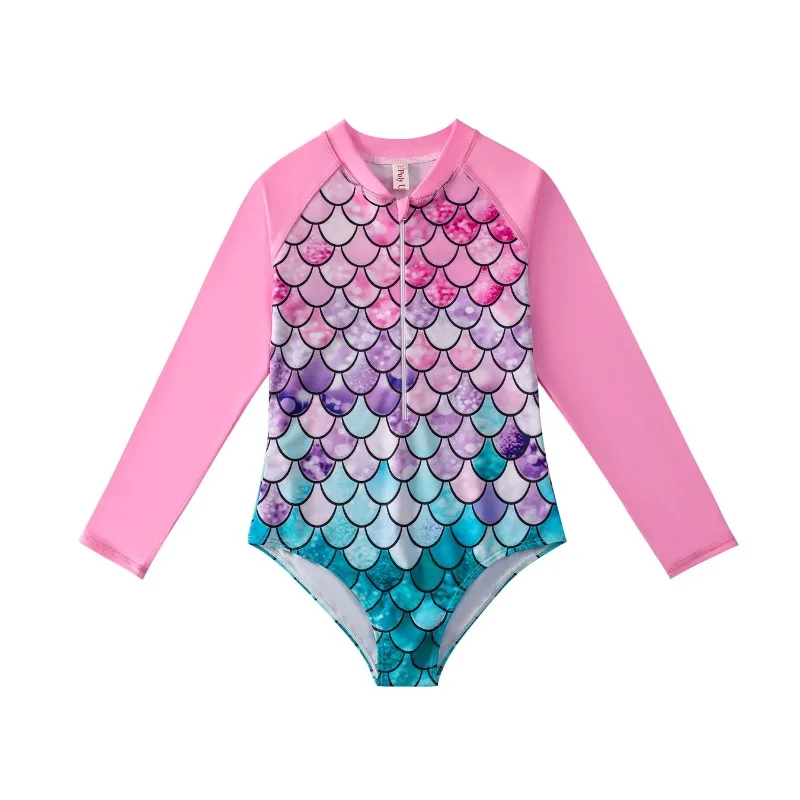 

Bikini Cut Bottom Girls Swimsuit, One-Piece Long Sleeve 3D Scale Print Swimwear, Beach Pool, Kids Tween Swim Rash Guard, Summer