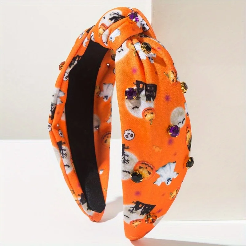 Halloween Element bedrukte stoffen haaraccessoire voor dames, pompoen spookhoed bedrukte modieuze hoofdband voor dames