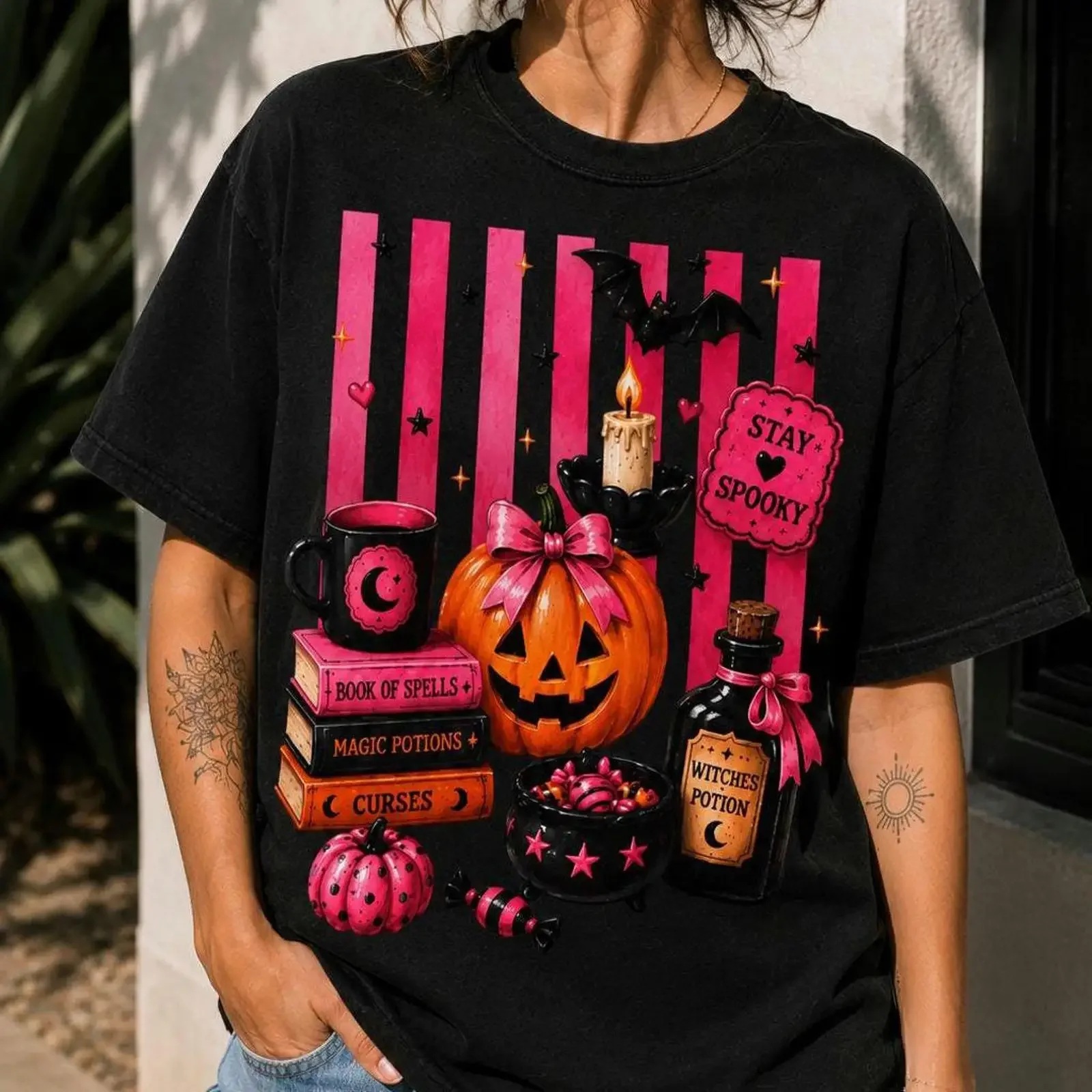 Halloween-Kürbis-Getränk T-Shirt Vintage Gewaschen Dehnbar Weich Stilvoll Vielseitig Designerkleidung Lässig Bequem Atmungsaktiv
