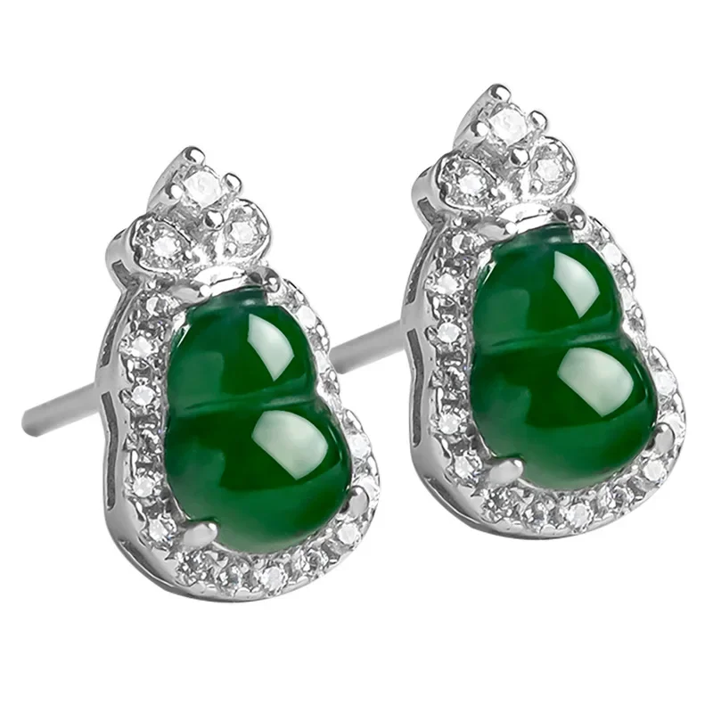 Burmese Jade Gourd Earrings Carved Women Jewelry 925 Silver Ear Studs Gift Green Luxury Amulets Talismans Designer Natural Real