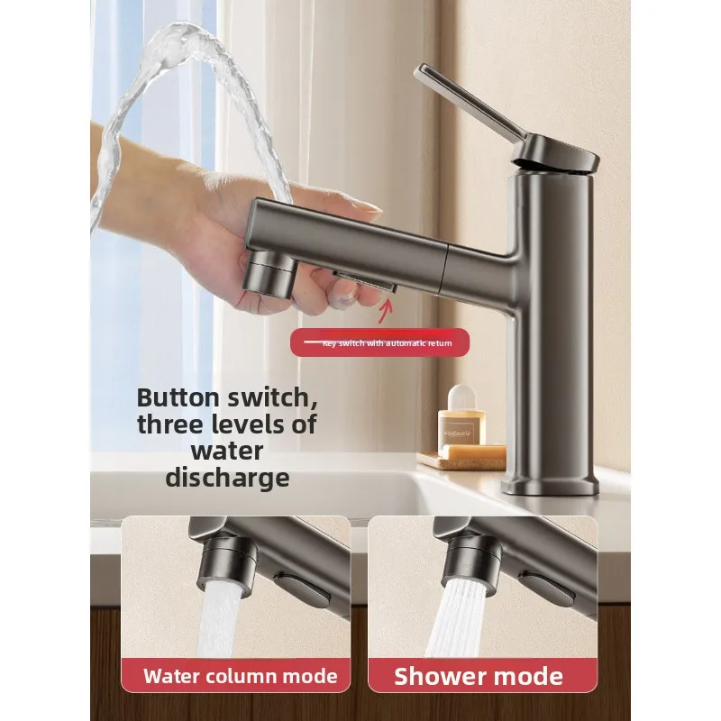 Pull-Out Bathroom Faucet, 3 Water Modes Single Lever Mixer Tap, Solid Brass Body, Hot & Cold Control with 80cm Hoses
