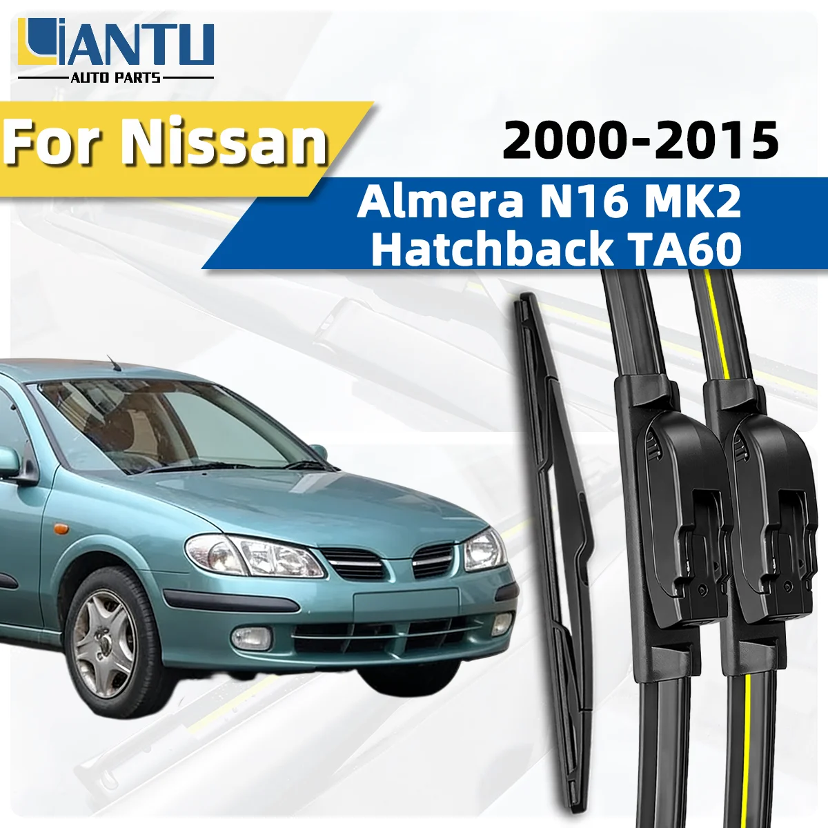 3-teiliges Scheibenwischer-Set für vorne und hinten, passend für Nissan Almera N16 MK2 Schrägheck TA60 2000–2015, Windschutzscheiben-Wischerset, Autozubehör