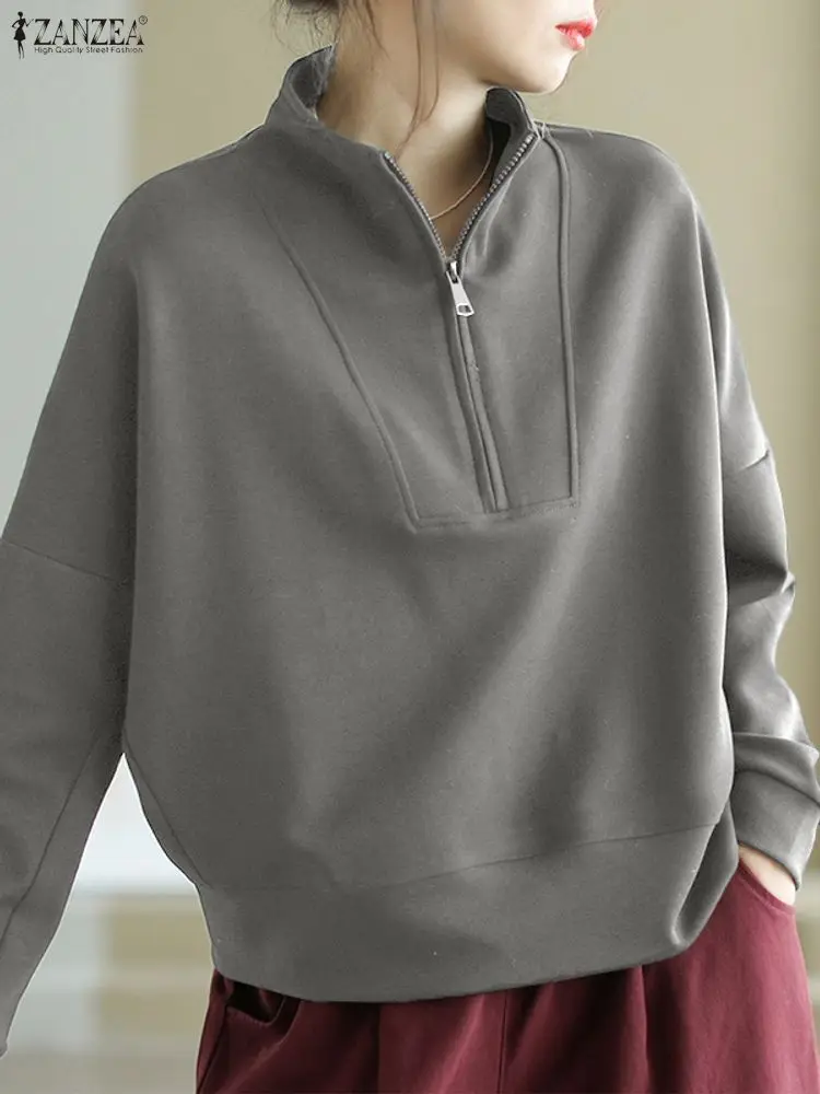 

ZANZEA, осенние модные пуловеры на молнии, толстовки 2025, женские однотонные джемперы с длинными рукавами, зимние повседневные однотонные топы с воротником-стойкой