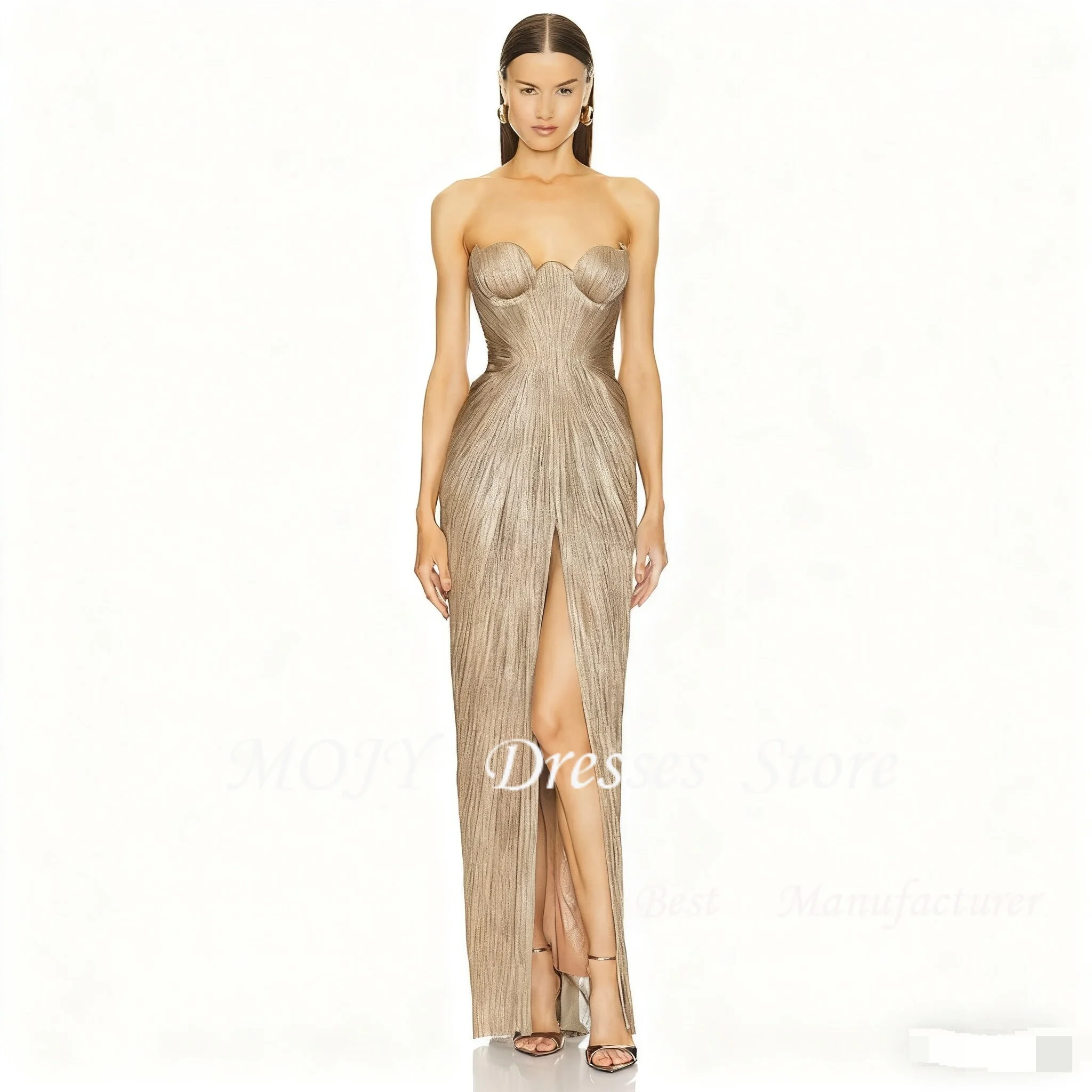 Mojy Strapless Evening Dresses 2025 Sleeveless A-Line Backless Side Split Evening Dress Pleated Wedding Party Dresses Customized
