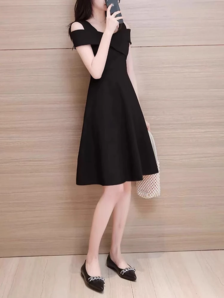 Ele Summer Bla Slimming One oulder Dr Women's Casual Sle Midi Skirt Polyester Blend Comfortable Fit A-Line Dr