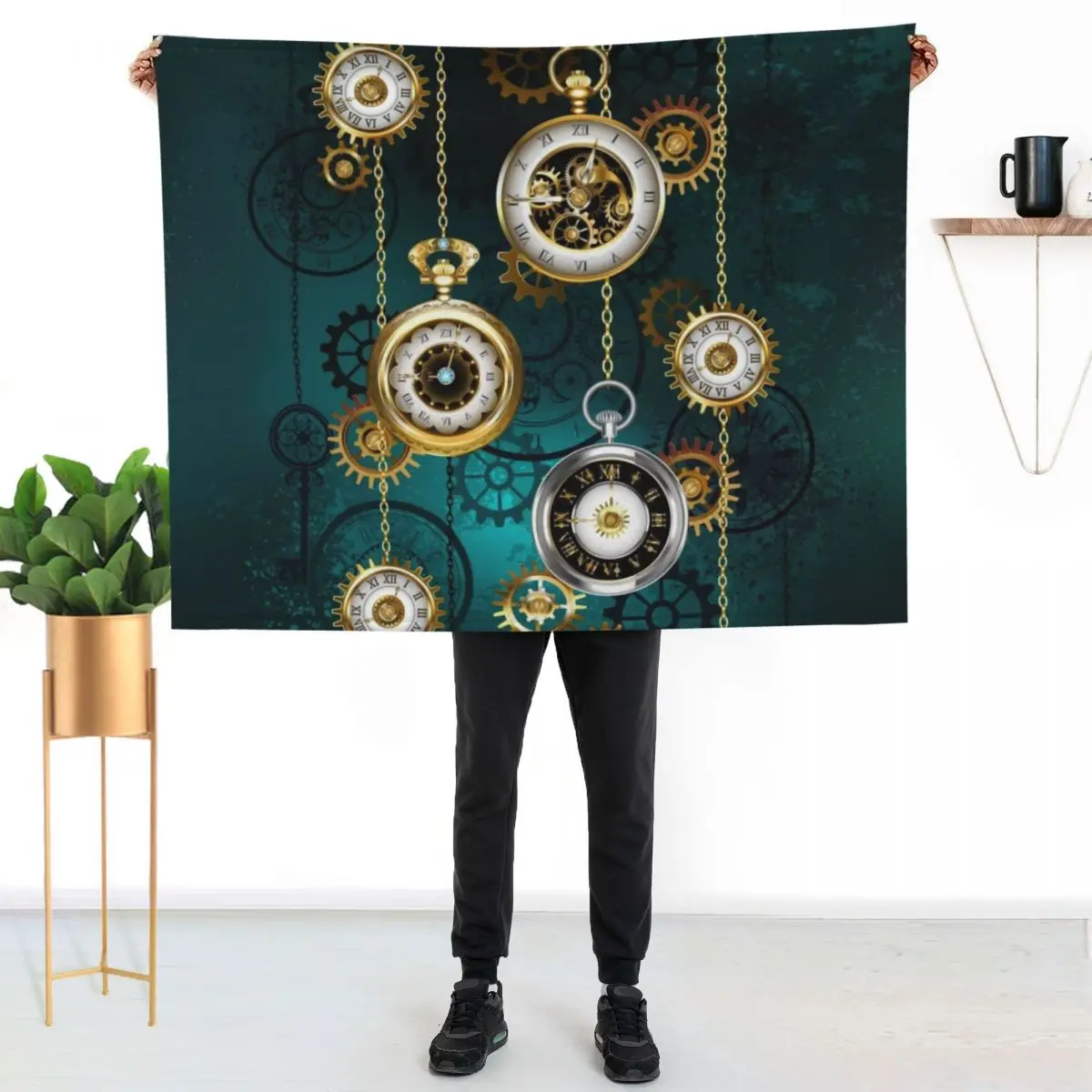 

Steampunk Watch with Chains on Green Background Throw Blanket Stylish Warm Blanket for Living Room Bedroom