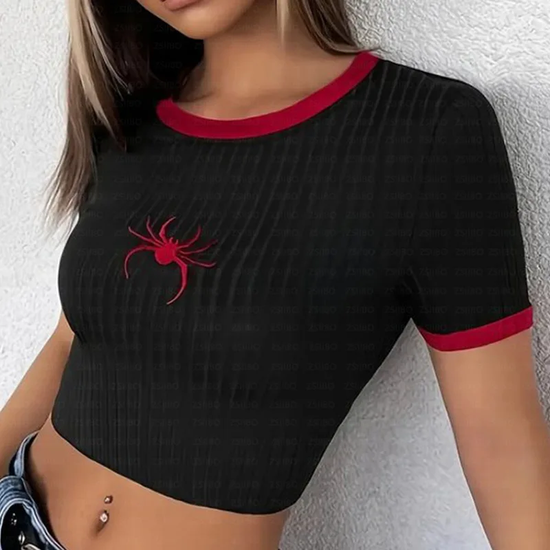 

Пуловер в американском спортивном стиле, короткий стиль, персонализированная футболка с вышивкой в виде паука в полоску с открытым пупком, контрастная облегающая футболка