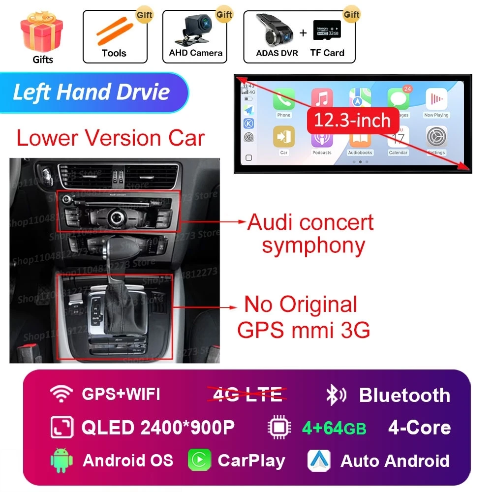 Linkerhand Drvie voor Audi A4 B8 A5 2009-2016 Autoradio Videospeler Android 16 Carplay Navigatie GPS 4G HD Touchscreen