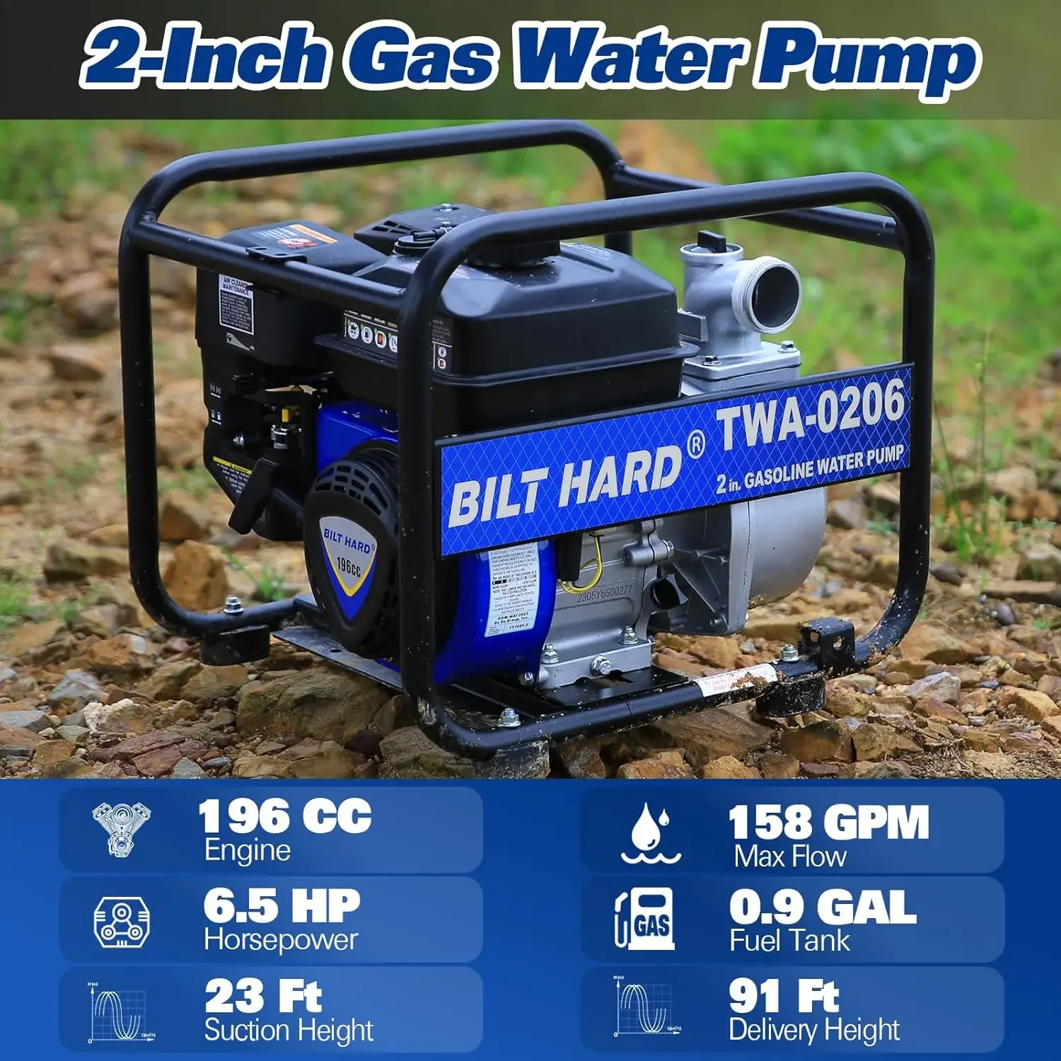 Semi Trash Pump 2 inch, 158 GPM 6.5HP Gas Powered Water Pump, 196cc 4-Cycle Engine with 50 ft Discharge Hose