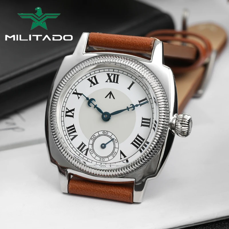 

Militado ML03 Винтажные часы VD78 Кварцевый механизм с квадратным корпусом Ретро наручные часы 100 м Водонепроницаемый кожаный ремешок Сапфировые часы