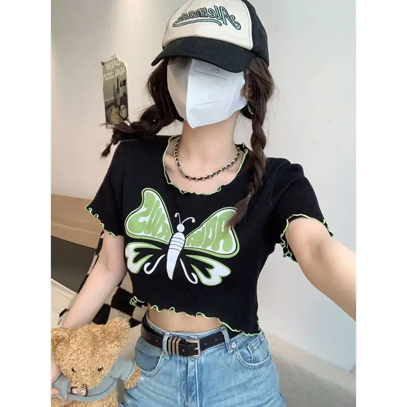 Summer Trend Printing O-neck Short Sleeve Top Tee Femme Sweet Pleated Pullover Slim Thin T-Shirt Women Clothing Fashion Crop Top