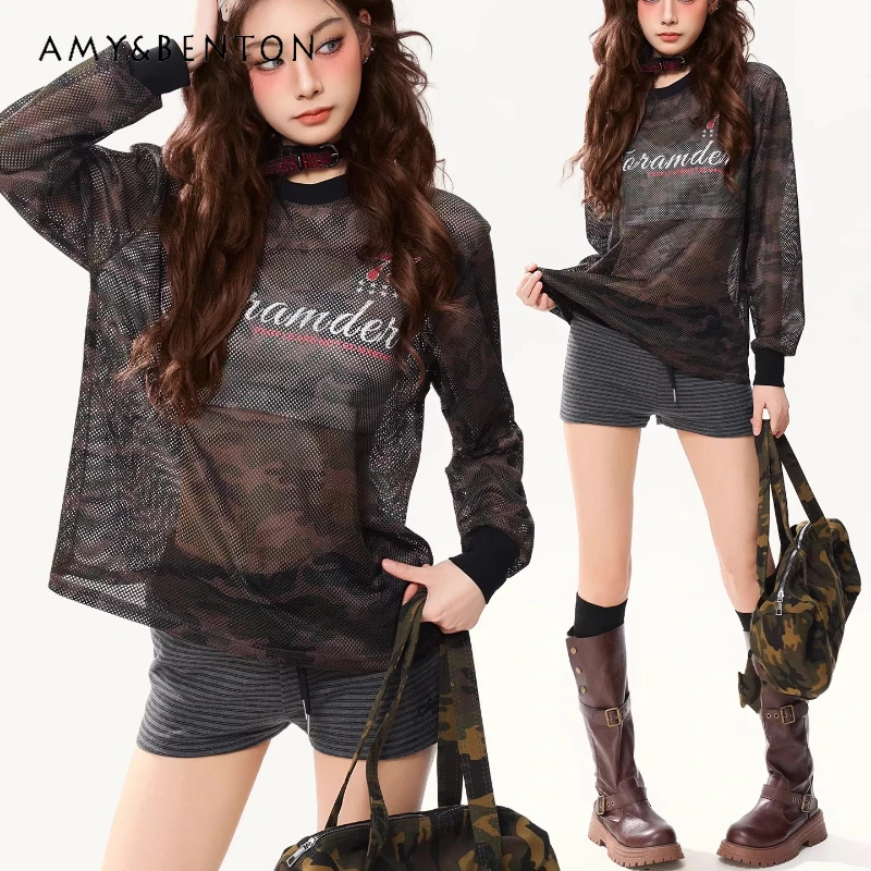 

American Retro Black Hollow Out Letter Hot Girl Women's Top 2026 Spring New Sports Jersey Breathable Long Sleeve T-Shirt Ladies