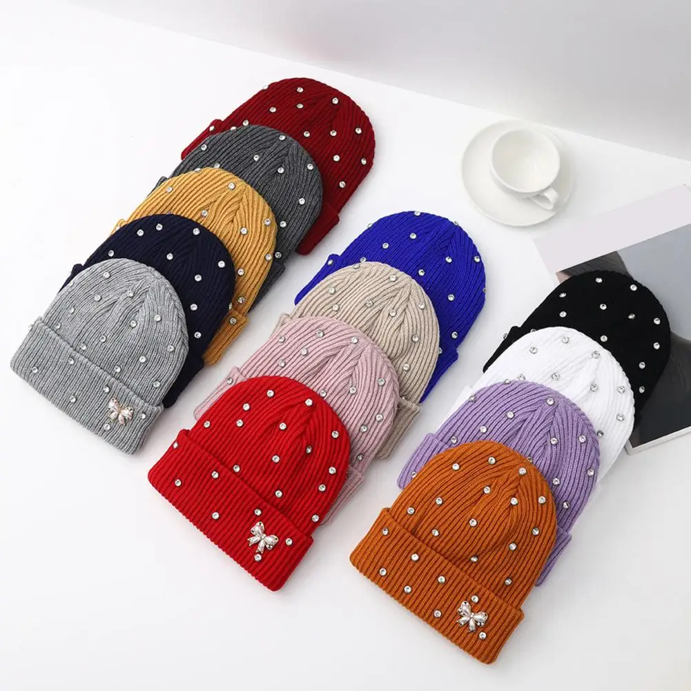 Warm Cuffed Hat with Rhinestones Winter Knitted Hat with Rhinestone Faux Pearl Bow Cuffed Ribbed Skull Cap for Women for Autumn