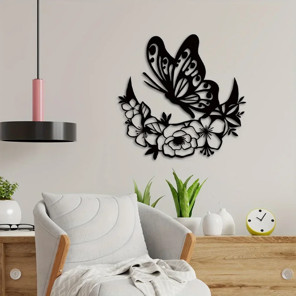 HELLOYOUNG Moon Metal Floral Art Home Decor Moon Phase Boho Wall Decor Flower and Butterfly Metal Wall Art Moon Home Decor Livin