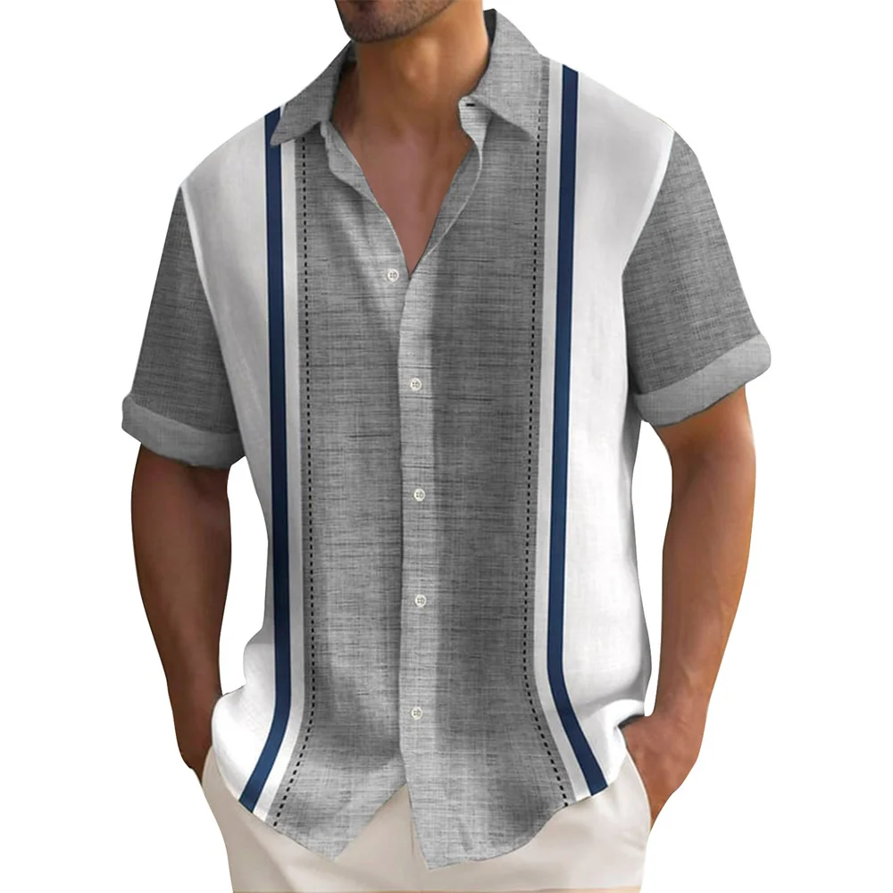 Camisas estampadas a rayas de verano para hombre, pantalón corto informal de manga abotonada, camisa hawaiana holgada, ropa de gran tamaño para hombre, camisa con solapa