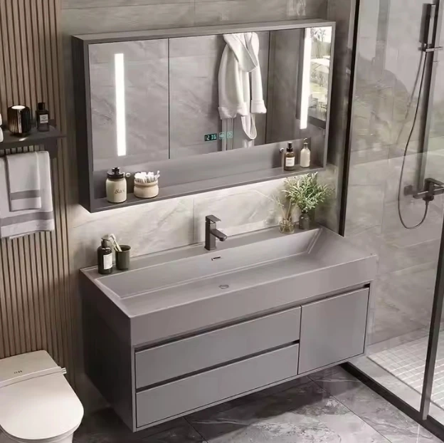 Vanità da bagno in stile moderno, doccia e mobiletto per lavare le mani