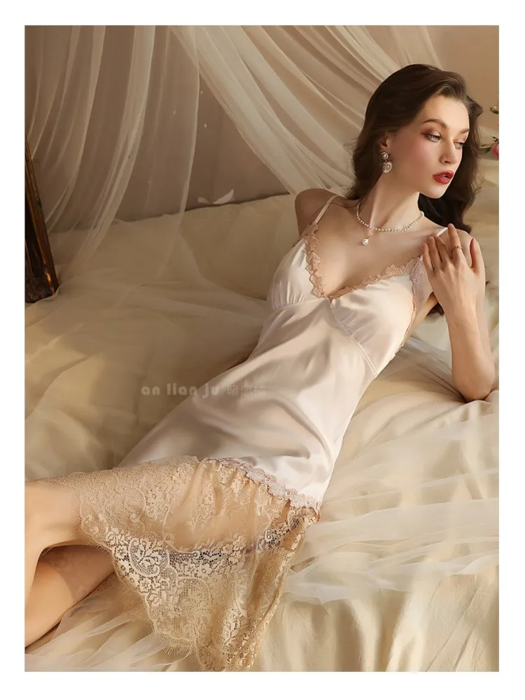 2025 Summer Sexy NightDress For Women French Lace Satin V-Neck Backless Patchwork Hem Temperament  Lady Loose Comfort Nightgowns