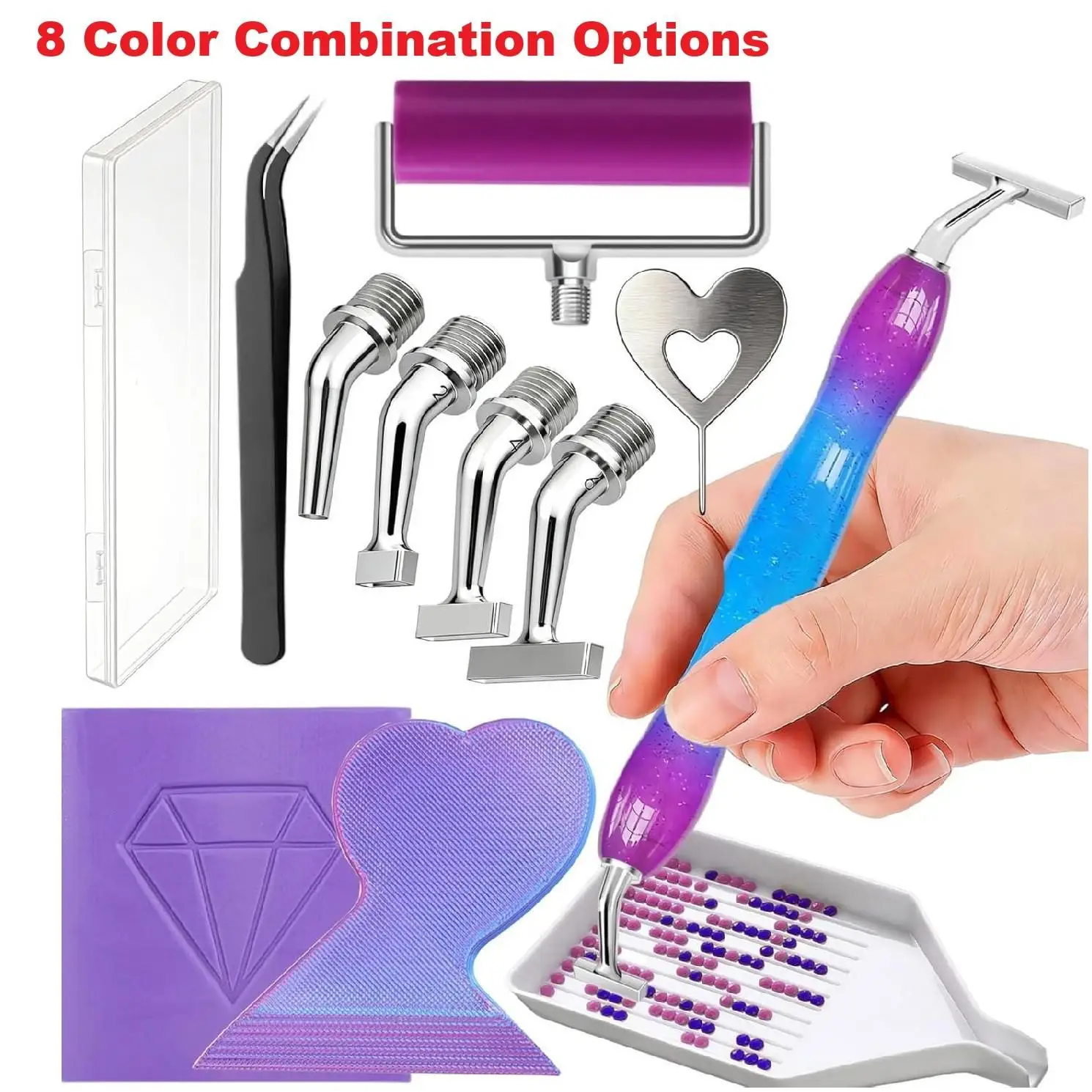 DIY 5D Diamond Painting Tool Set. Includes Ergonomic Tools 45 ° Spiral Metal Pen Tips, Dotting Pens, Roller Tool Accessories, Special Glue for Diamond Painting, Trays and Tweezers.