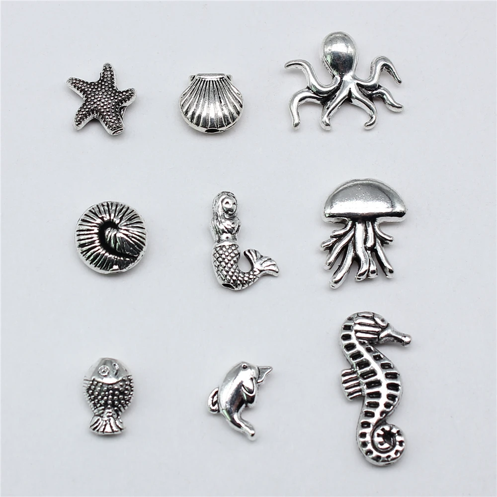 20pcs Sea Animal Marine Life Starfish Shell Dolphin Jellyfish Octopus Hippocampus Small Hole Beads For Jewelry Making